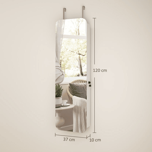 HOMCOM Espelho Joalheiro com Luz LED, Armário de Joias para Parede ou Porta, Armário com Fechadura, Espelho Inteiro sem Moldura, 2 Gavetas, Ideal para Oferta, 37x10x120 cm, Branco