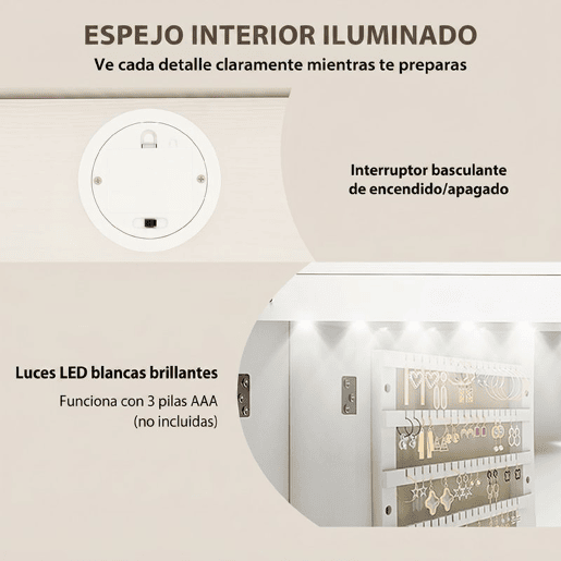 HOMCOM Espelho Joalheiro com Luz LED, Armário de Joias para Parede ou Porta, Armário com Fechadura, Espelho Inteiro sem Moldura, 2 Gavetas, Ideal para Oferta, 37x10x120 cm, Branco