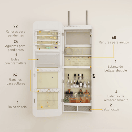 HOMCOM Espelho Joalheiro com Luz LED, Armário de Joias para Parede ou Porta, Armário com Fechadura, Espelho Inteiro sem Moldura, 2 Gavetas, Ideal para Oferta, 37x10x120 cm, Branco