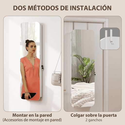HOMCOM Espelho Joalheiro com Luz LED, Armário de Joias para Parede ou Porta, Armário com Fechadura, Espelho Inteiro sem Moldura, 2 Gavetas, Ideal para Oferta, 37x10x120 cm, Branco