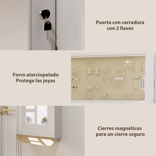 HOMCOM Espelho Joalheiro com Luz LED, Armário de Joias para Parede ou Porta, Armário com Fechadura, Espelho Inteiro sem Moldura, 2 Gavetas, Ideal para Oferta, 37x10x120 cm, Branco