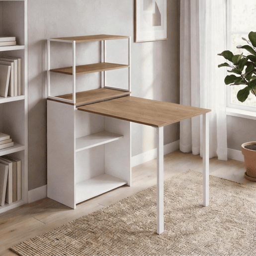 HOMCOM Secretária Dobrável com Estante Mesa de Secretária com 4 Prateleiras Mesa de Computador para Espaços Pequenos Estúdio, Escritório em Casa 105x60x127 cm Madeira