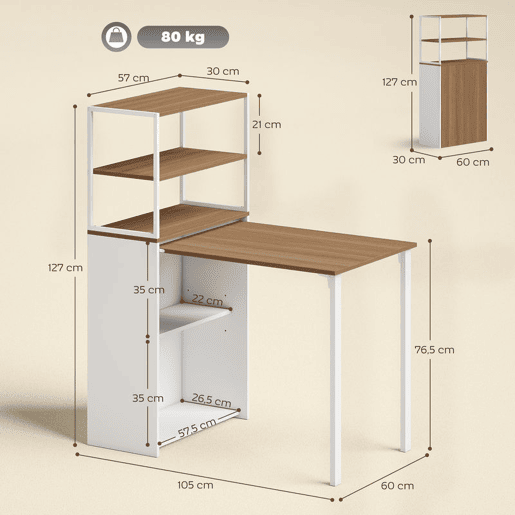 HOMCOM Secretária Dobrável com Estante Mesa de Secretária com 4 Prateleiras Mesa de Computador para Espaços Pequenos Estúdio, Escritório em Casa 105x60x127 cm Madeira