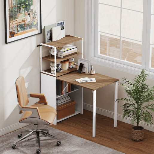 HOMCOM Secretária Dobrável com Estante Mesa de Secretária com 4 Prateleiras Mesa de Computador para Espaços Pequenos Estúdio, Escritório em Casa 105x60x127 cm Madeira