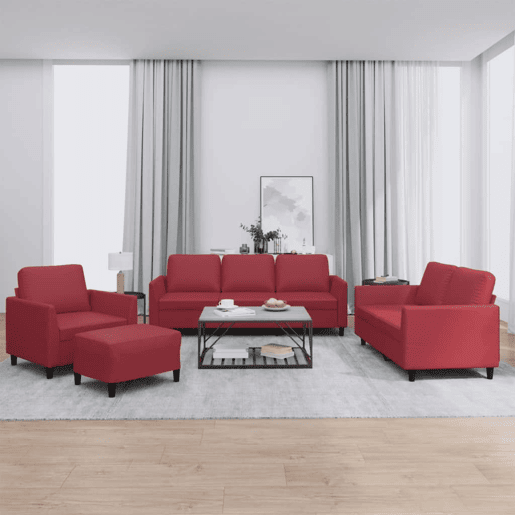 vidaXL 4 pcs conjunto sofás c almofadões couro artif. vermelho tinto