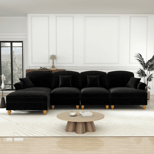 Sofá modular L 4 lugares - Chenille, braços cónicos, saia removível, pés torneados, pufe - Preto