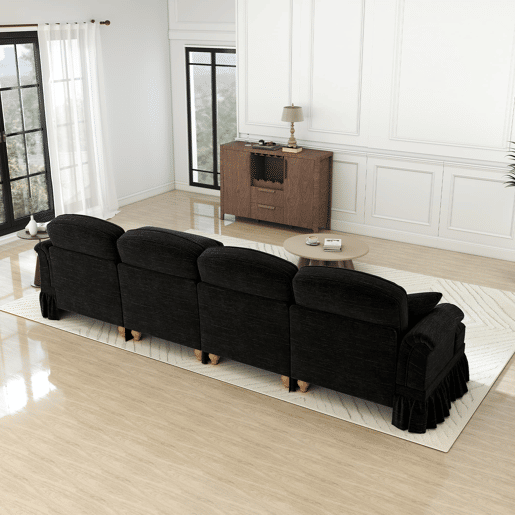 Sofá modular L 4 lugares - Chenille, braços cónicos, saia removível, pés torneados, pufe - Preto