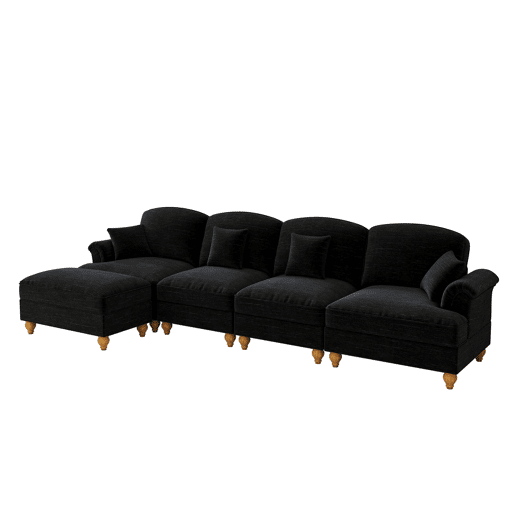 Sofá modular L 4 lugares - Chenille, braços cónicos, saia removível, pés torneados, pufe - Preto