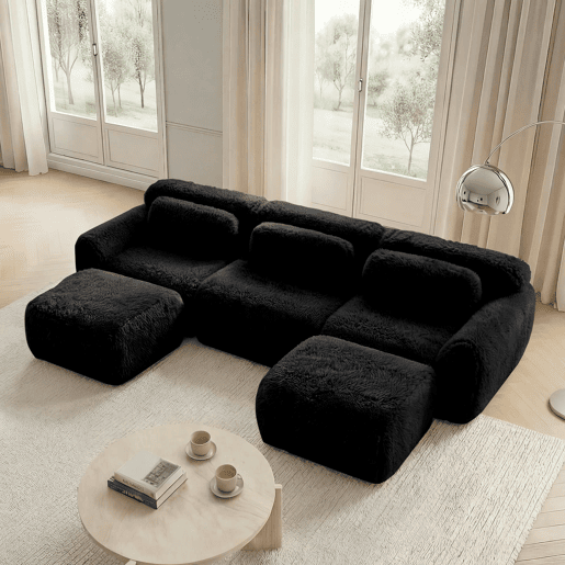 Sofá modular U 3 lugares - Plüsch, sem montagem, antiderrapante, com almofadas - Preto