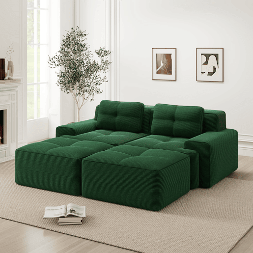 Sofá modular de 2 lugares - U, confortável, com otomano, assento profundo - Verde