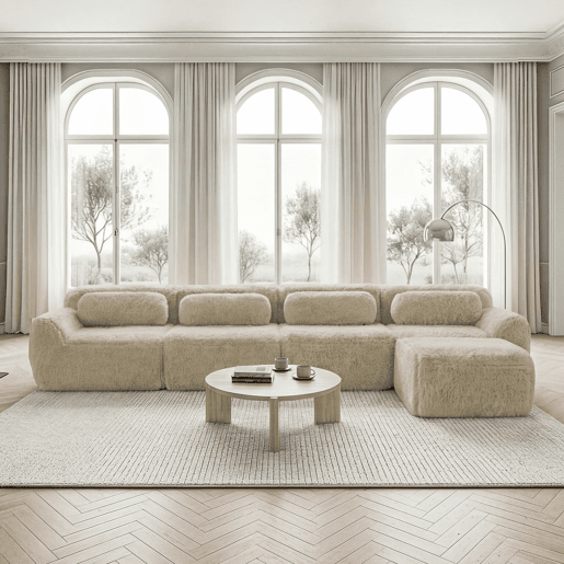 Sofá modular L 4 lugares - Chaise longue, veludo Premium, sem montagem, com almofadas - Cáqui claro