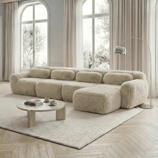 Sofá modular L 4 lugares - Chaise longue, veludo Premium, sem montagem, com almofadas - Cáqui claro