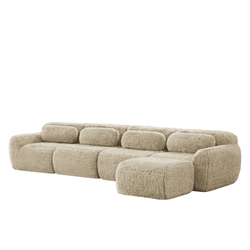 Sofá modular L 4 lugares - Chaise longue, veludo Premium, sem montagem, com almofadas - Cáqui claro