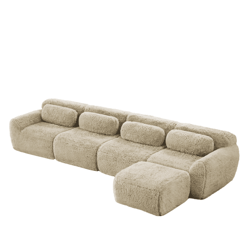 Sofá modular L 4 lugares - Chaise longue, veludo Premium, sem montagem, com almofadas - Cáqui claro