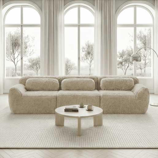 Sofá profundo de 3 lugares - modular, sem montagem, almofadas, suporte ergonómico - Cáqui claro