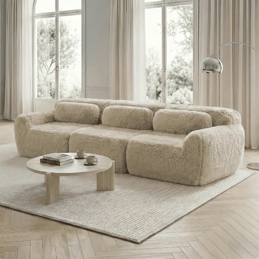 Sofá profundo de 3 lugares - modular, sem montagem, almofadas, suporte ergonómico - Cáqui claro