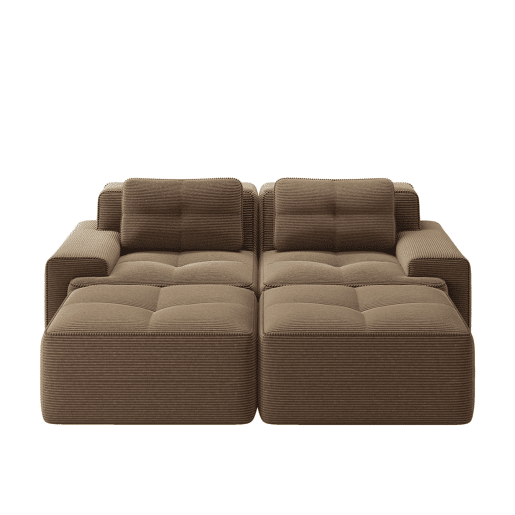 Sofá modular de 2 lugares - Boneless, em U, profundo, com otomana, confortável, estofado em veludo cotelê - Castanho