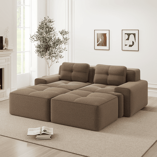 Sofá modular de 2 lugares - Boneless, em U, profundo, com otomana, confortável, estofado em veludo cotelê - Castanho