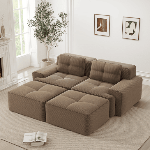 Sofá modular de 2 lugares - Boneless, em U, profundo, com otomana, confortável, estofado em veludo cotelê - Castanho