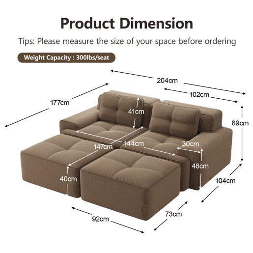 Sofá modular de 2 lugares - Boneless, em U, profundo, com otomana, confortável, estofado em veludo cotelê - Castanho