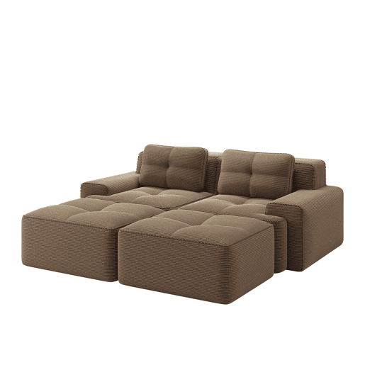 Sofá modular de 2 lugares - Boneless, em U, profundo, com otomana, confortável, estofado em veludo cotelê - Castanho
