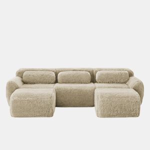 Sofá modular de 3 lugares - Tecido felpudo, sem montagem, antiderrapante, com almofadas - Cáqui claro