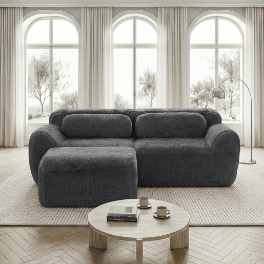Sofá modular L 2 lugares - veludo macio, almofadas, espuma elástica, sem montagem - cinza