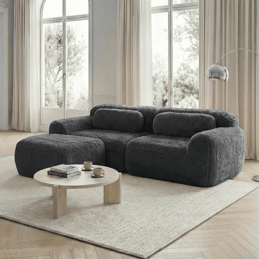 Sofá modular L 2 lugares - veludo macio, almofadas, espuma elástica, sem montagem - cinza