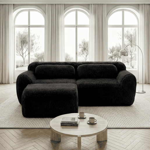 Sofá modular L - 2 lugares, veludo macio, combinável, com almofadas - Preto