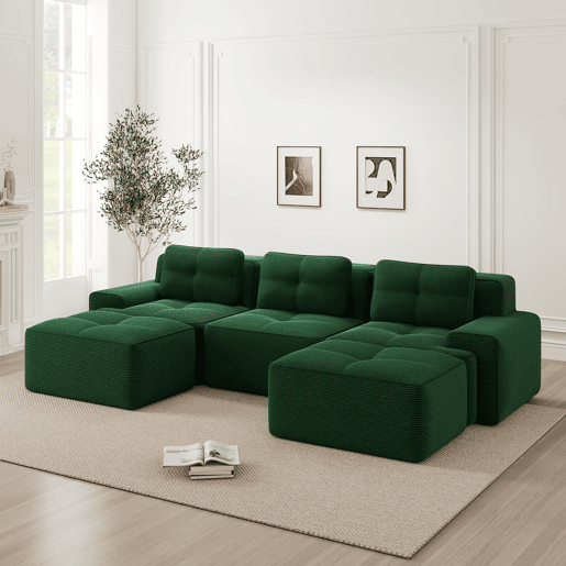 Sofá modular de 3 lugares - Cloud, com otomano, estofado em veludo cotelê, fácil montagem - Verde