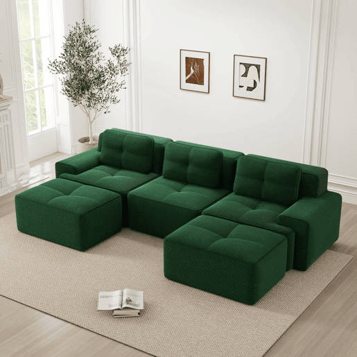 Sofá modular de 3 lugares - Cloud, com otomano, estofado em veludo cotelê, fácil montagem - Verde