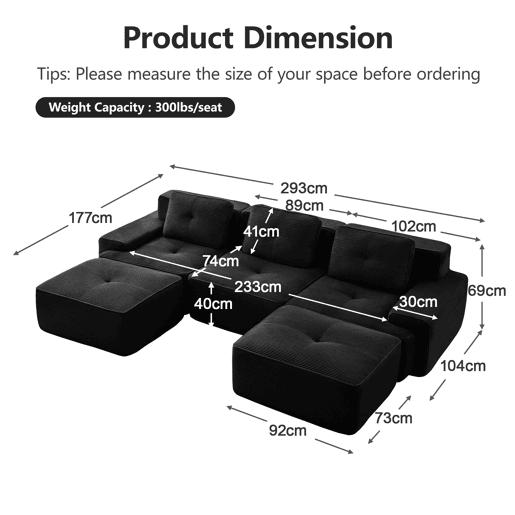 Sofá modular U 3 lugares - cloud com otomana sem montagem - preto