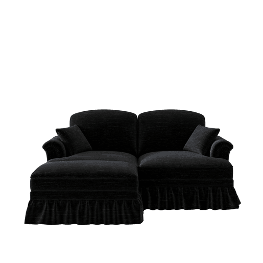 Sofá modular L 2 lugares - estilo Mid-Century, chenille, braços cónicos, saia removível, pernas torneadas - preto