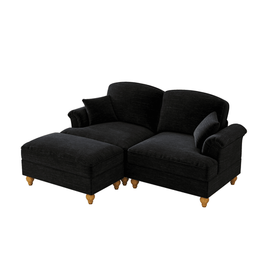 Sofá modular L 2 lugares - estilo Mid-Century, chenille, braços cónicos, saia removível, pernas torneadas - preto