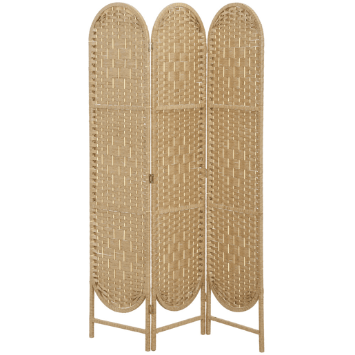 HOMCOM Biombo Separador de Ambientes 3 Painéis 120x170 cm Painel de Privacidade Dobrável Boémio com Topo Arqueado Entrançado à Mão Divisor para Escritório Quarto Madeira
