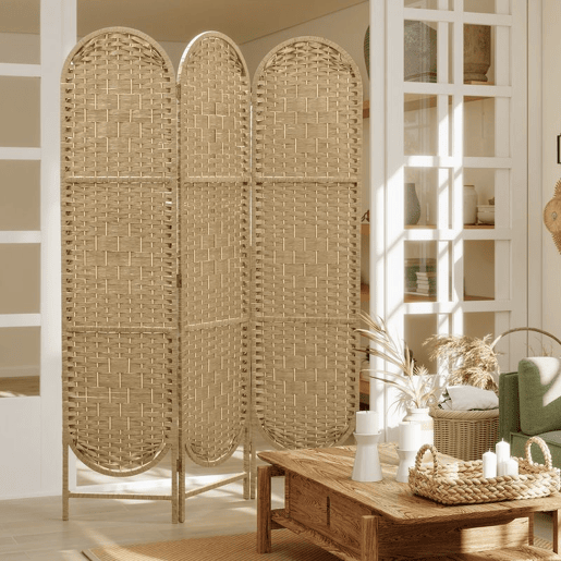HOMCOM Biombo Separador de Ambientes 3 Painéis 120x170 cm Painel de Privacidade Dobrável Boémio com Topo Arqueado Entrançado à Mão Divisor para Escritório Quarto Madeira