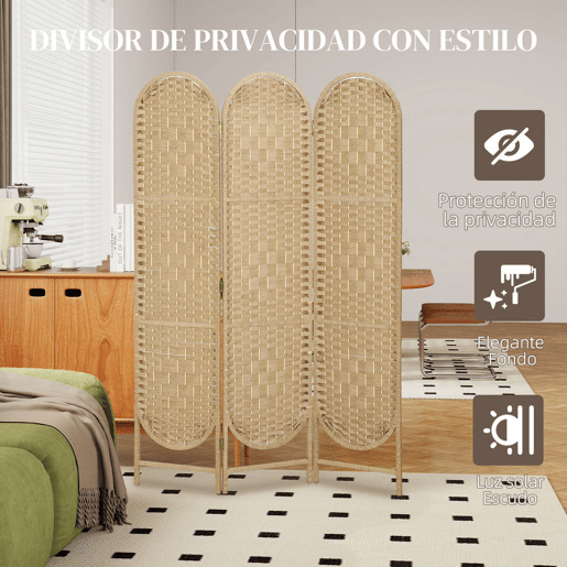HOMCOM Biombo Separador de Ambientes 3 Painéis 120x170 cm Painel de Privacidade Dobrável Boémio com Topo Arqueado Entrançado à Mão Divisor para Escritório Quarto Madeira