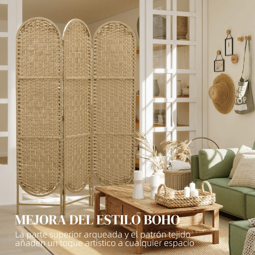 HOMCOM Biombo Separador de Ambientes 3 Painéis 120x170 cm Painel de Privacidade Dobrável Boémio com Topo Arqueado Entrançado à Mão Divisor para Escritório Quarto Madeira