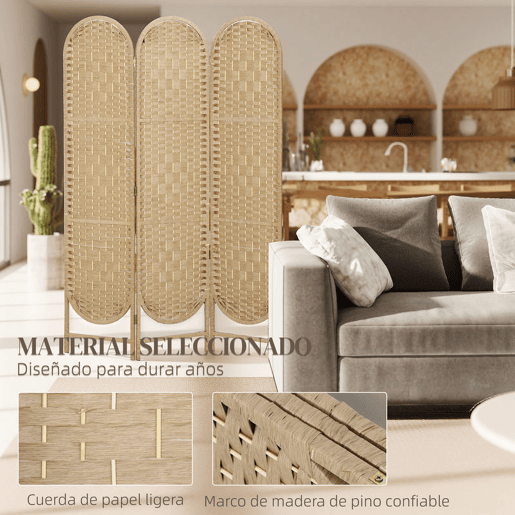 HOMCOM Biombo Separador de Ambientes 3 Painéis 120x170 cm Painel de Privacidade Dobrável Boémio com Topo Arqueado Entrançado à Mão Divisor para Escritório Quarto Madeira
