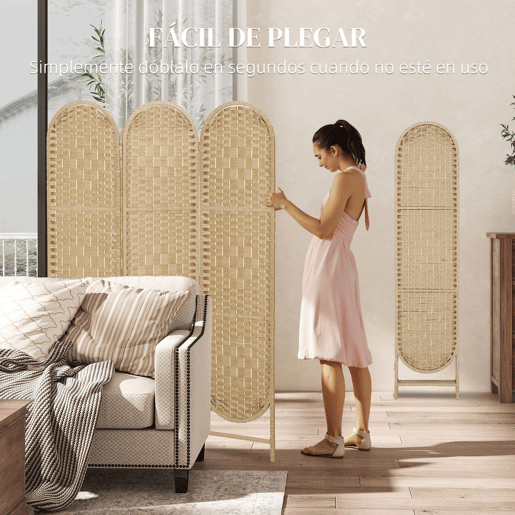 HOMCOM Biombo Separador de Ambientes 3 Painéis 120x170 cm Painel de Privacidade Dobrável Boémio com Topo Arqueado Entrançado à Mão Divisor para Escritório Quarto Madeira