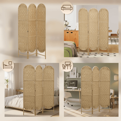 HOMCOM Biombo Separador de Ambientes 3 Painéis 120x170 cm Painel de Privacidade Dobrável Boémio com Topo Arqueado Entrançado à Mão Divisor para Escritório Quarto Madeira