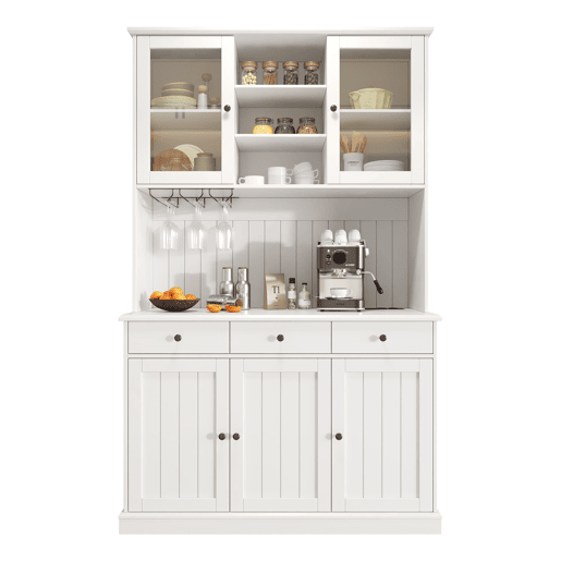 Aparador alto 120x40x191 cm - com portas de vidro, porta-copos, tomada e USB - branco