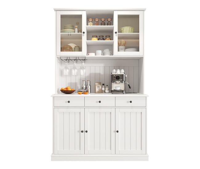 Aparador alto 120x40x191 cm - con puertas de vidrio, portavasos, enchufe y usb - blanco