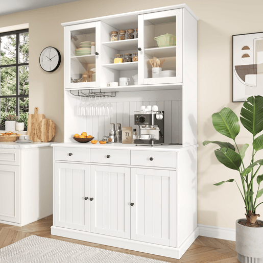 Aparador alto 120x40x191 cm - com portas de vidro, porta-copos, tomada e USB - branco