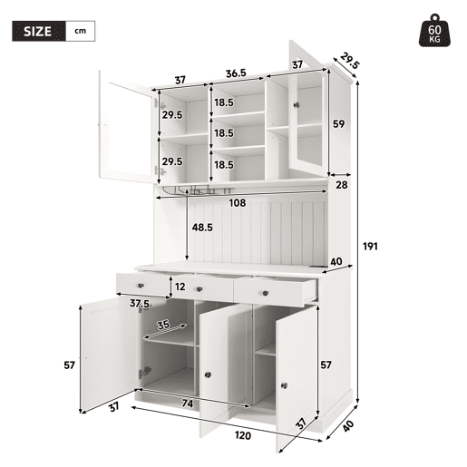 Aparador alto 120x40x191 cm - com portas de vidro, porta-copos, tomada e USB - branco