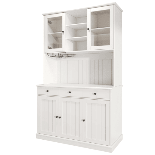 Aparador alto 120x40x191 cm - com portas de vidro, porta-copos, tomada e USB - branco