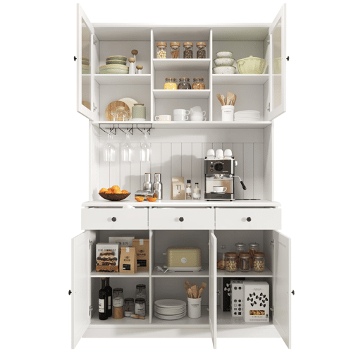 Aparador alto 120x40x191 cm - com portas de vidro, porta-copos, tomada e USB - branco