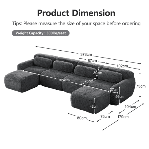 Sofá modular U 4 lugares - sem montagem, combinável, felpa, suporte ergonómico - Cinza