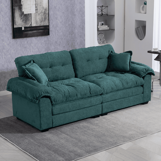 Sofá individual profundo 213 cm - Chenille, almofada dupla (Memory + molas) - Verde