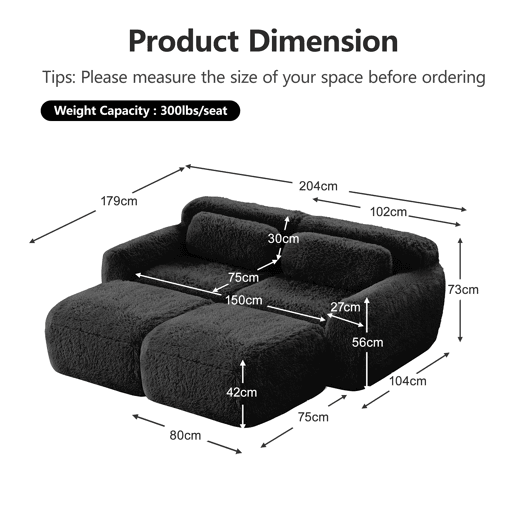 Sofá modular de 2 lugares - Tecido felpudo macio, chaise longue, sem montagem - Preto